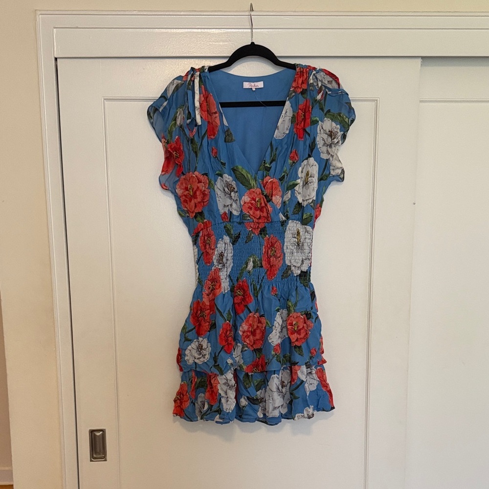 Parker Blue Blouse with Red and White Floral Design